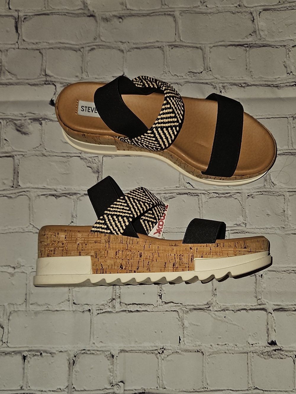 Steve Madden Black & Cork Woven-Accent Wedge Sandal